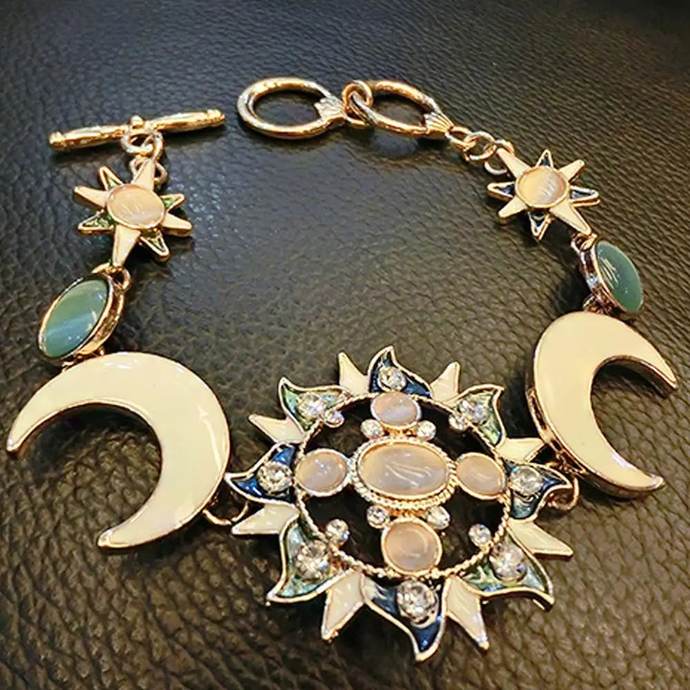 Bohemian Style Asymmetrical Sun, Moon, and Star Bracelet with Natural Rhinestones - Women’s Party Jewelry Gift