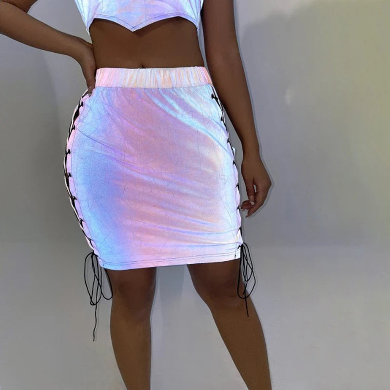 Reflective Outfit Set for Women - Irregular Rave Crop Top with Halter and Drawstring Mini Skirt, Festival Clubwear Clothing