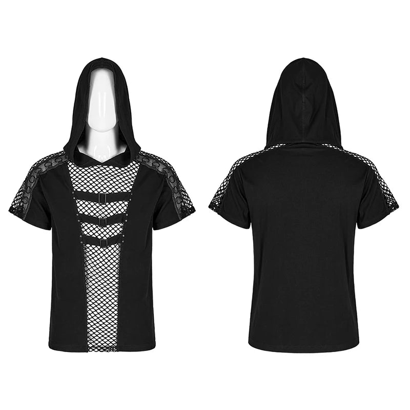 PUNK RAVE Men's Punk Handsome Hooded T-shirt Sexy Cool Hollow Mesh Cutouts Personality Casual Tops Tees Spring & Summer