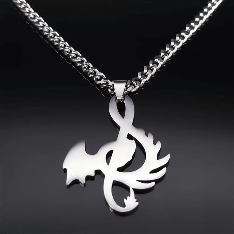 Dragon Treble Clef Pendant Necklace – Stainless Steel Silver Color, Punk Jewelry for Women & Men