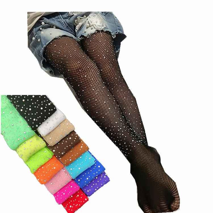 New Girls' Fishnet Tights - Mesh Pantyhose with Sequins and Rhinestones