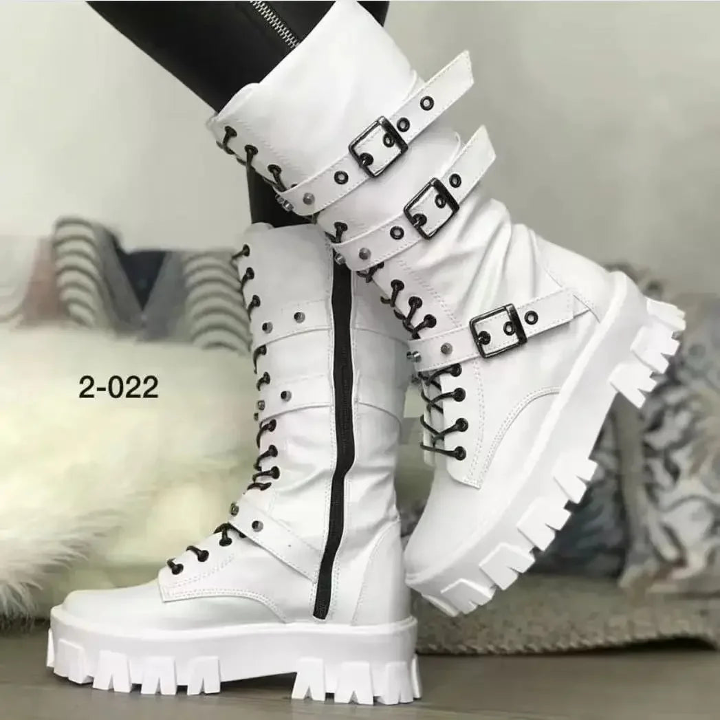 New Autumn Winter Lace-Up Mid-Calf Boots for Women - Fashion Zipper Sports Platform Heel Knee High Shoes