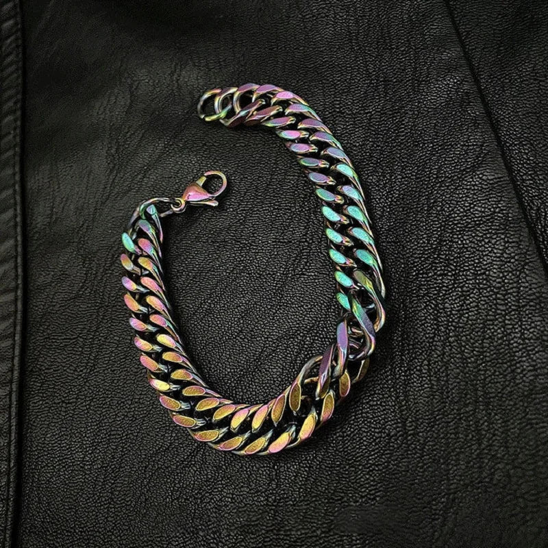 Stainless Steel Colorful Rainbow Cuban Weave Chain Bracelet - Men Women Vintage Kpop Pulseras, Aesthetic Emo Luxury Jewelry