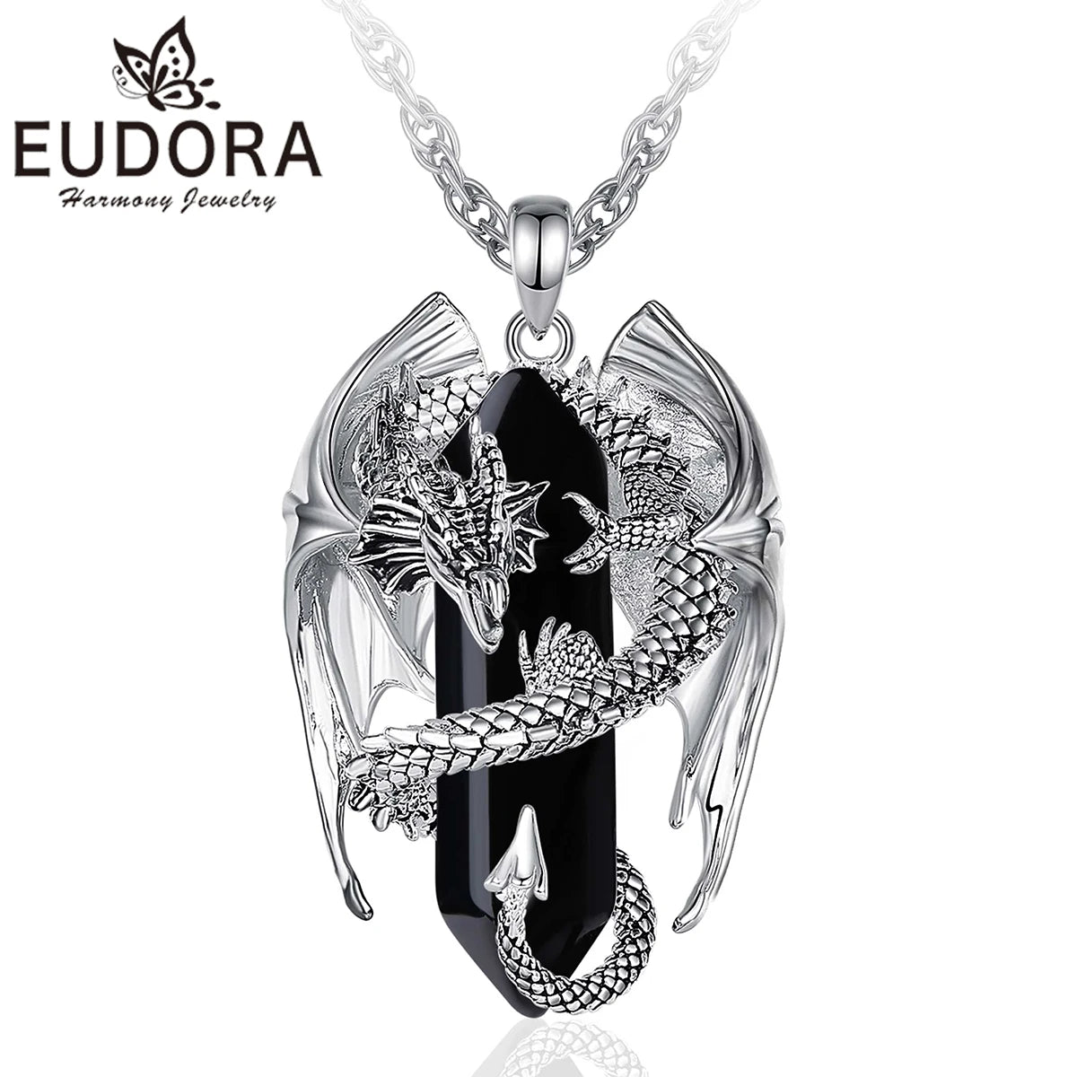 Eudora Dragon Twining Hexagonal Obsidian Prismatic Necklace Punk Healing Stone Crystal Pendant personality Jewelry Gift for Men