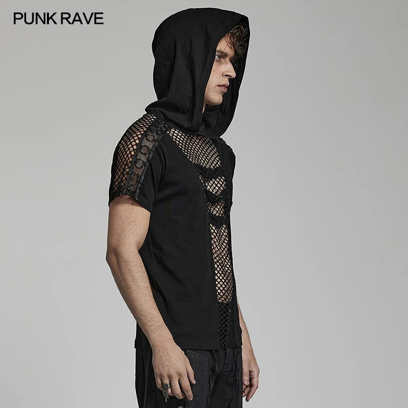 PUNK RAVE Men's Punk Handsome Hooded T-shirt Sexy Cool Hollow Mesh Cutouts Personality Casual Tops Tees Spring & Summer