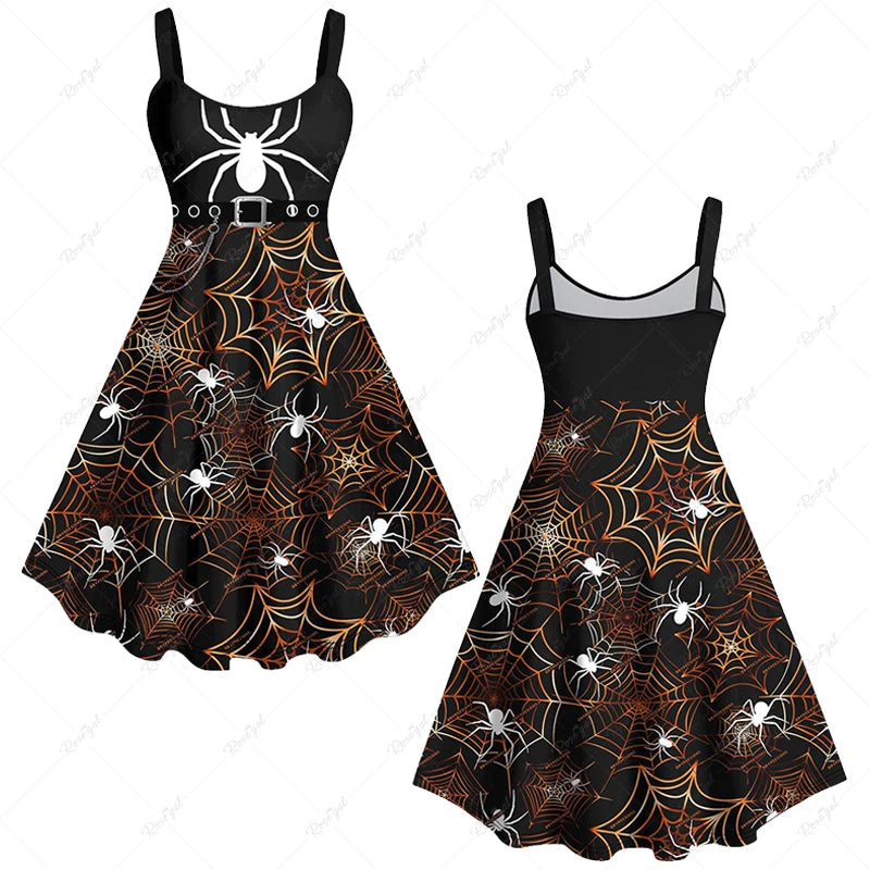 Plus Size Women's Halloween Vampire Costume Spider Web Colorblock Floral 3D Print Cami Tank Dress - Daily Casual Wear