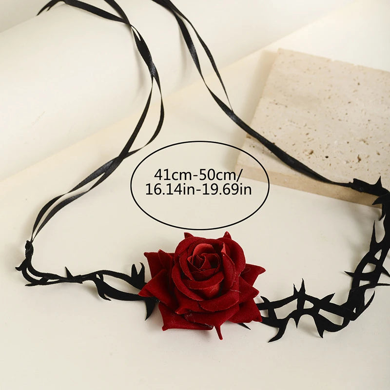 Retro Flower Adjustable Rope Collar Necklace | Gothic Thorny Red Rose Choker for Halloween Cosplay Party Accessories