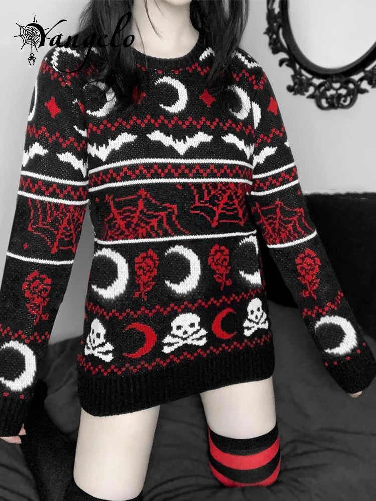 Yangelo Gothic Moon Skull Pattern Sweater Women's Knit Top Loose Long Sleeves Warm Autumn Winter Street Fashion Girls Pullover