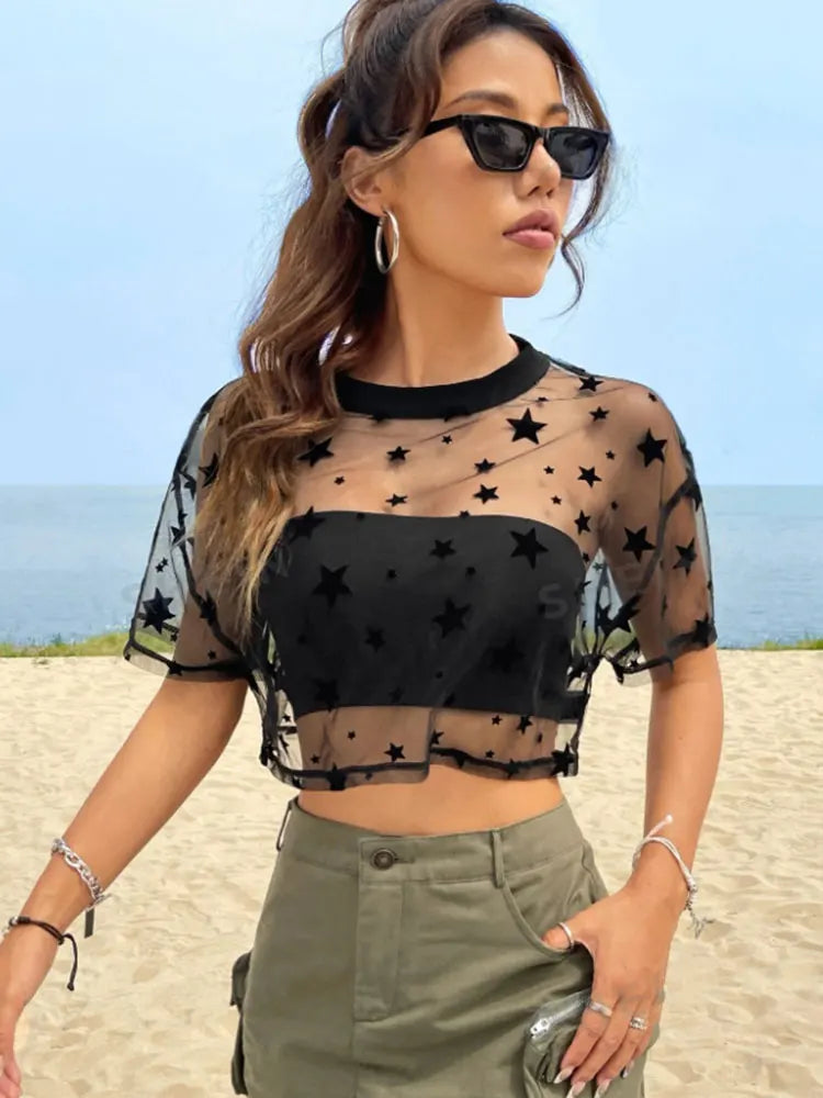 Summer Outfits Star Print Drop Shoulder Crop Mesh Top Without Camisole