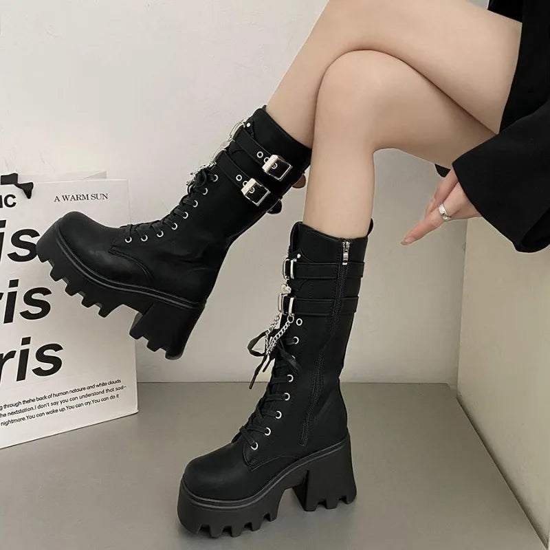 Women's Punk Gothic Buckle Chain High Heel Mid Calf Boots - Black PU Leather Fashion