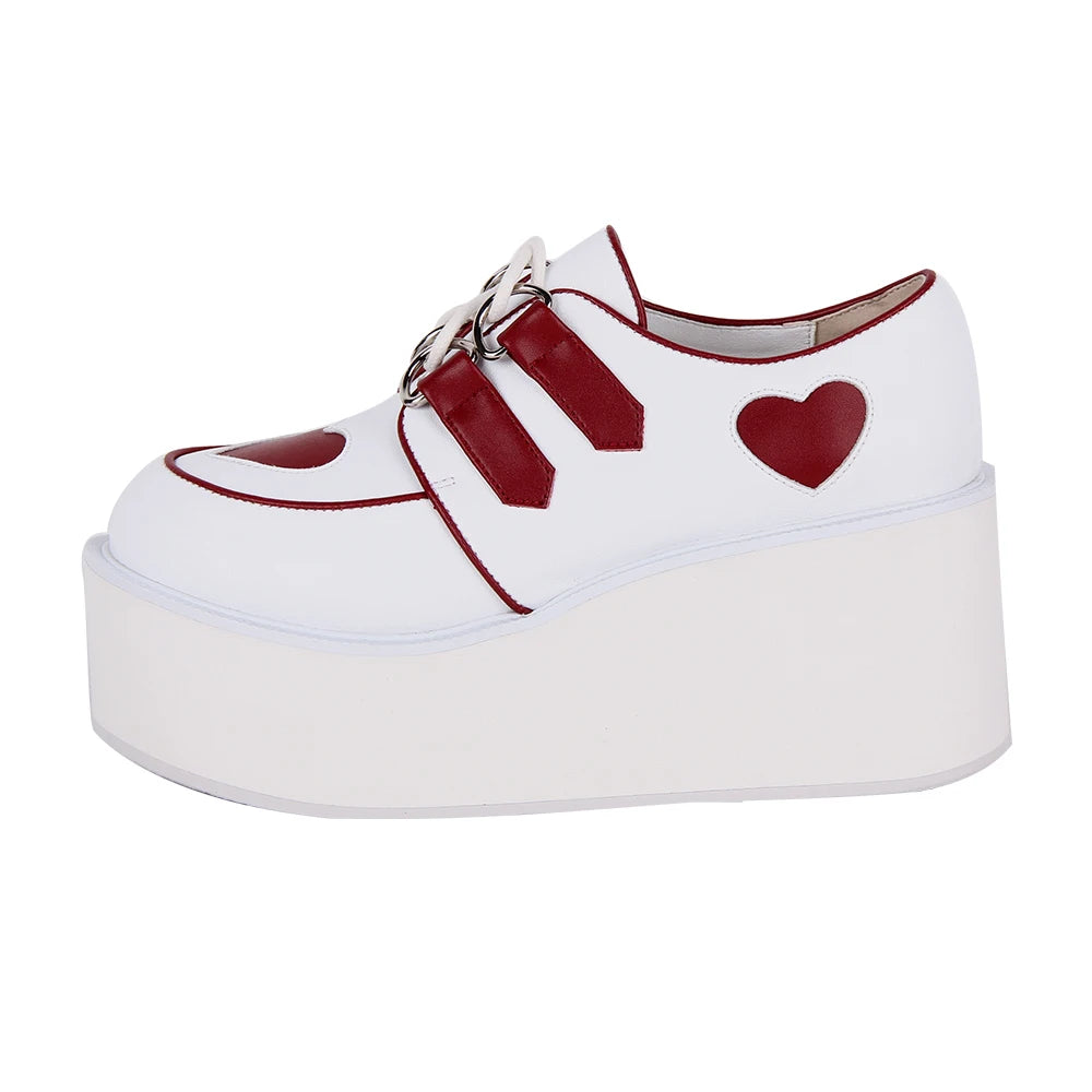 Women’s Punk Rock Chunky Platform Shoes - White with Red Heart Accents and Lace-Up Detail