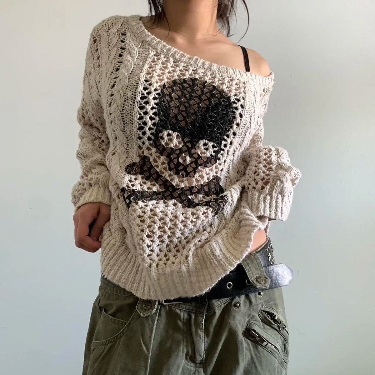 Y2K Gothic Retro Skull Print Crochet Smock Top – Hollow Out Pullover Knitwear, Women’s Grunge Streetwear