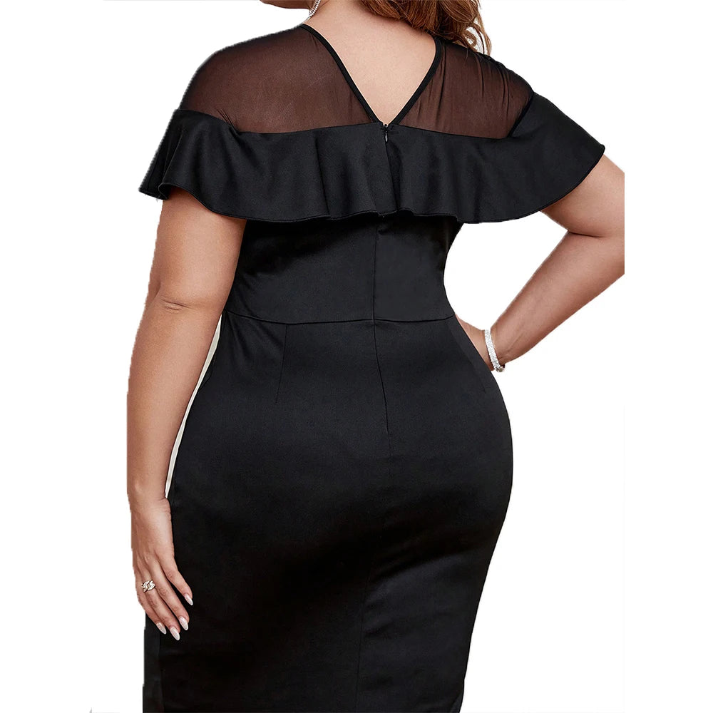 2024 Sexy Mesh Raglan Sleeve Bodycon Midi Dress - Women’s Plus Size Spring Summer Casual Party Club Gown