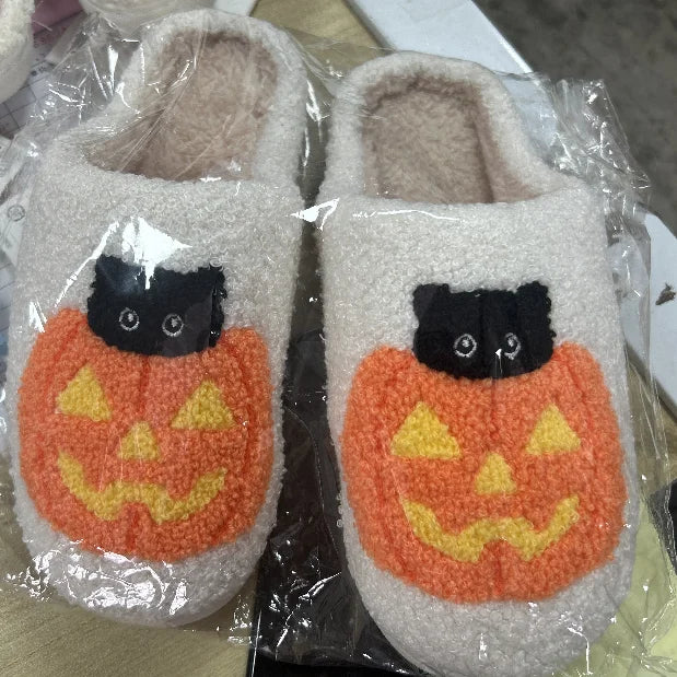 2024 Funny Halloween Pumpkin Cat Cotton Fluffy Slippers – Plush Platform Slides for Couples, Indoor/Outdoor Bedroom Shoes for Women