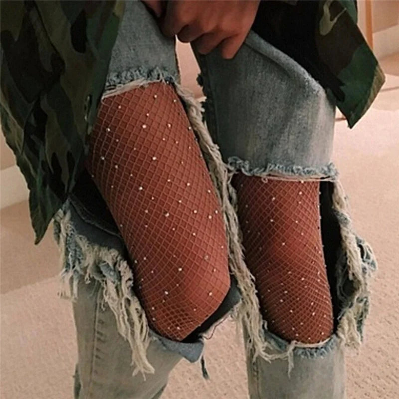 Colorful Rhinestone Fishnet Pantyhose - Fashionable Shiny Net Tights for Women, Slim Rhinestone Mesh Nylon Stockings