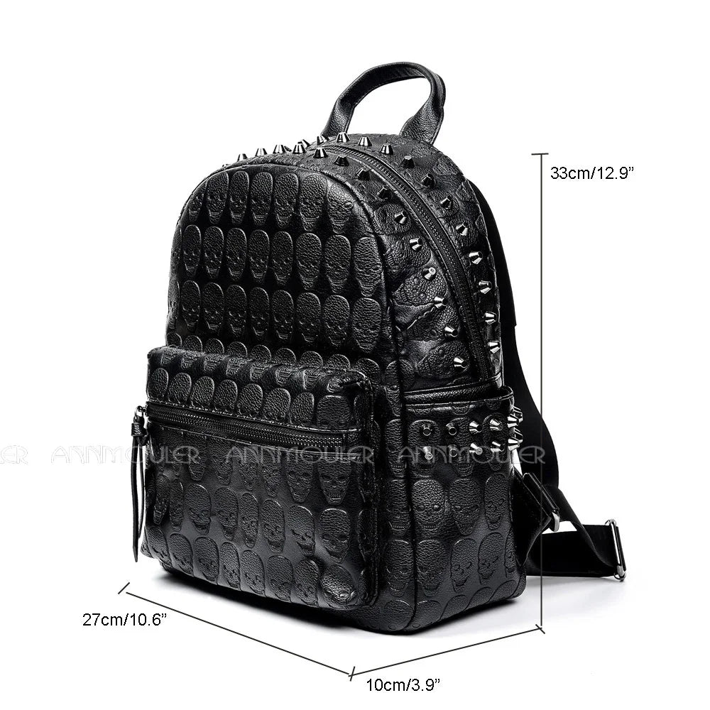 Annmouler Brand Designer Unisex Backpack – Black Skeleton Daypack, Punk Rivet School Bag, High-Quality Travel Bag