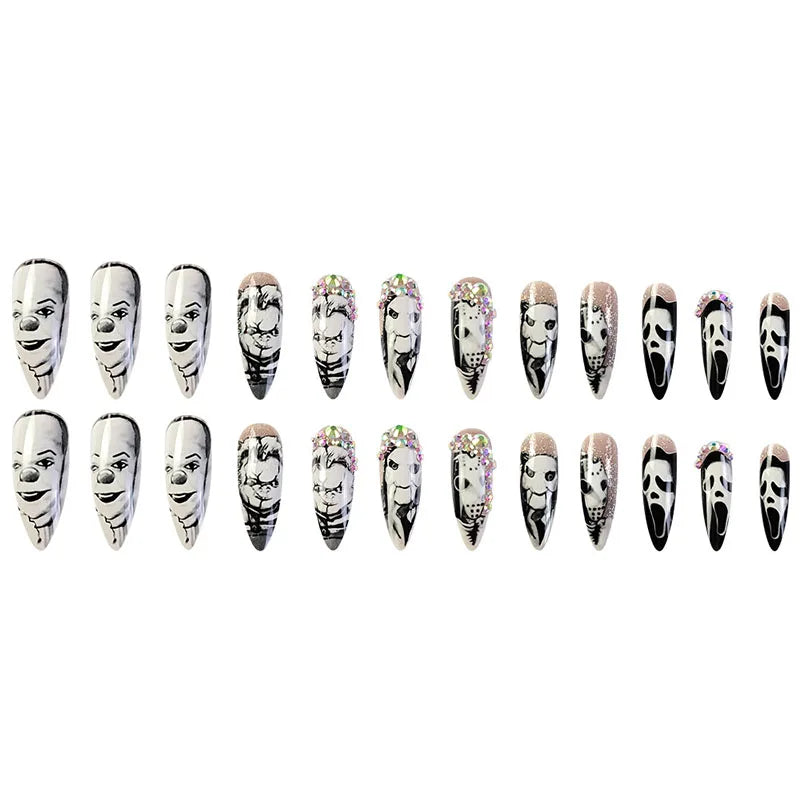 24Pcs Clown Grim Reaper Mask Man False Nails Halloween dark horror weird Tomie Press on Nails For Women and Girls Holiday Gifts