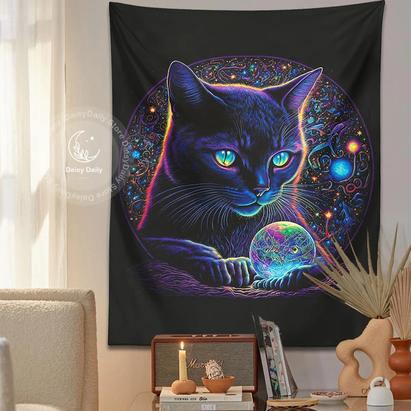 Blacklight Cat Tapestry | Trippy Magic Black Cat Crystal Ball Boho Art Decor | Living Room Wall Art