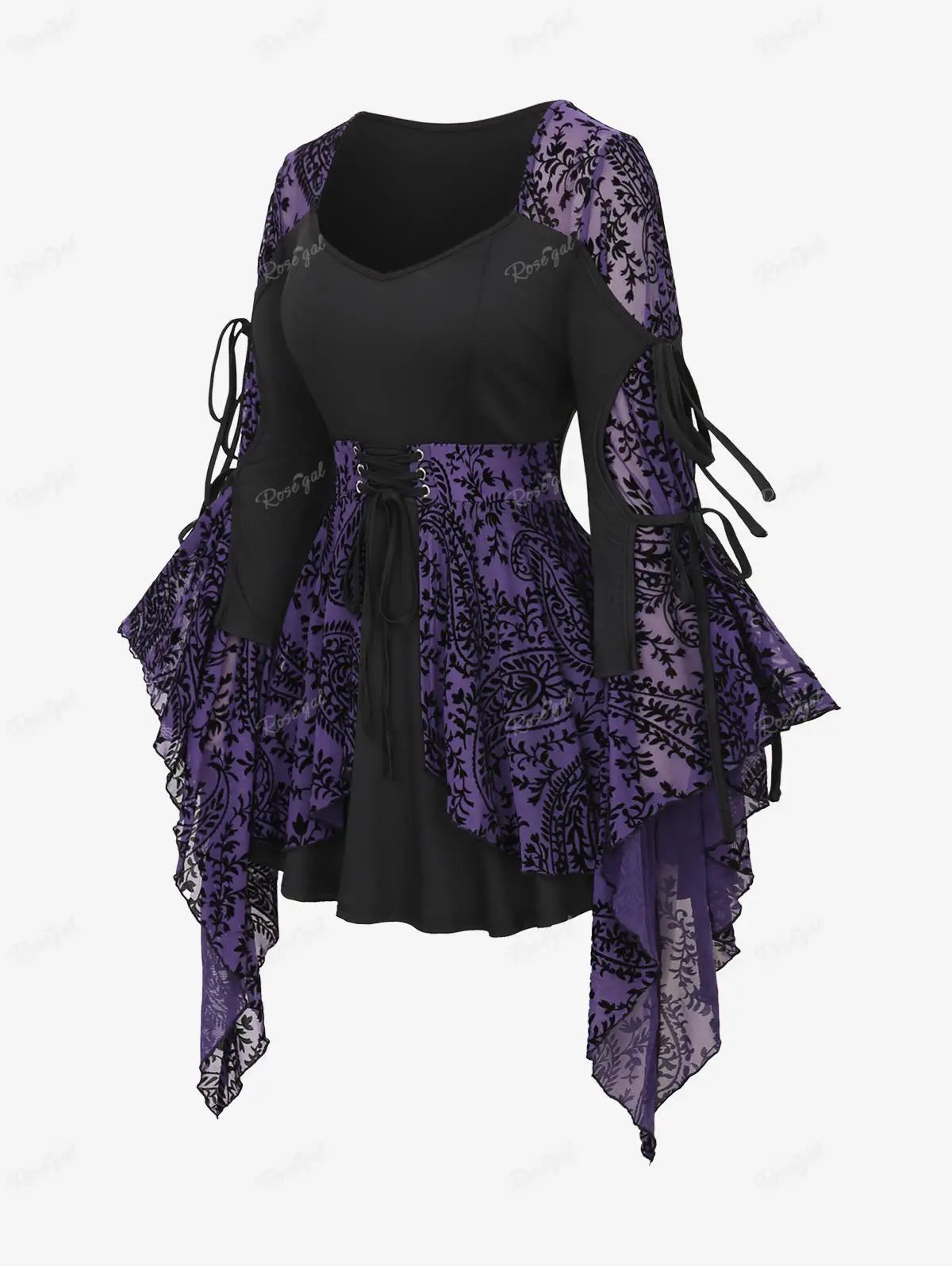 ROSEGAL Plus Size Gothic Floral Flocking Blouse - Lace-Up Ruched Patchwork Square Neck Top for Women, Spring/Fall/Winter Outdoor T-Shirt