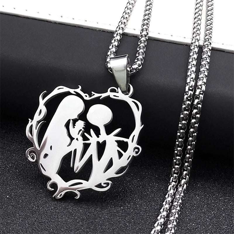 Gothic Stainless Steel Love Necklace for Couples - Silver Color Jewelry for Women and Men