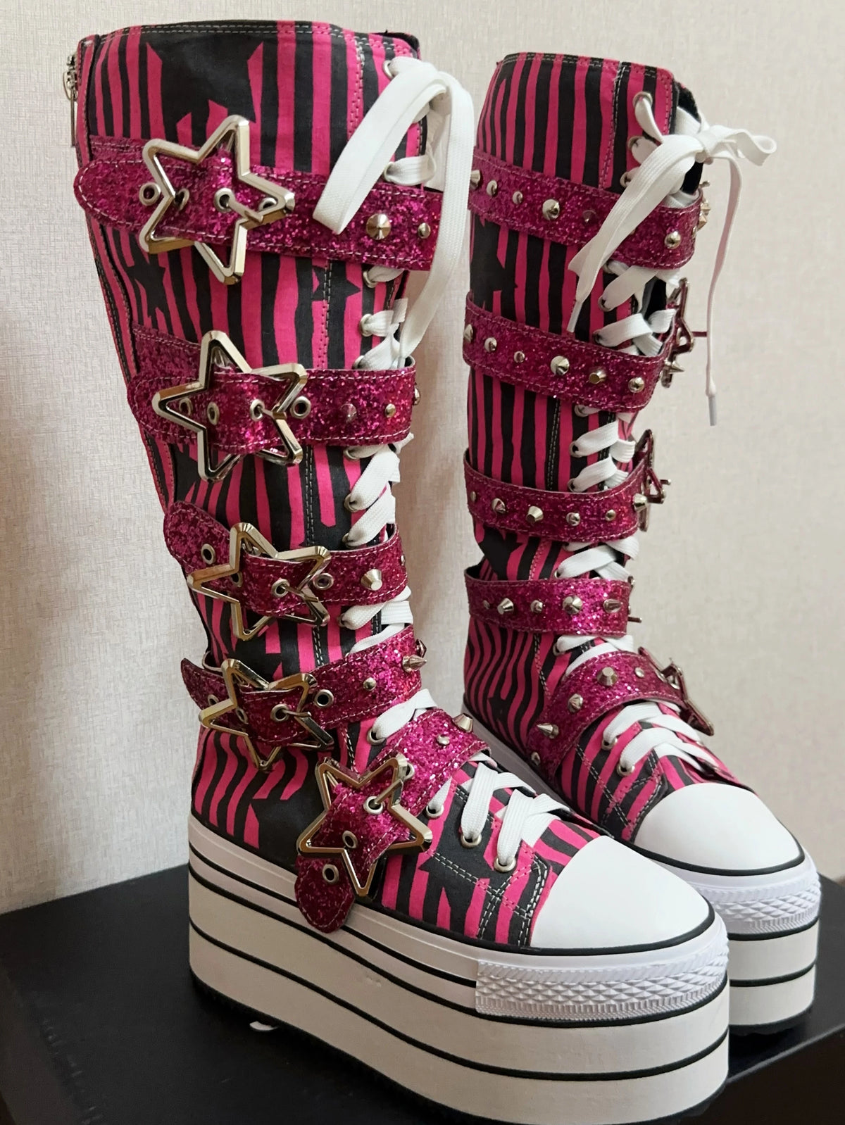 Women wasteland punk rose red Striped canvas Boots woman high wedges Heels pumps Lady Dress party customized shoes pentagram 50