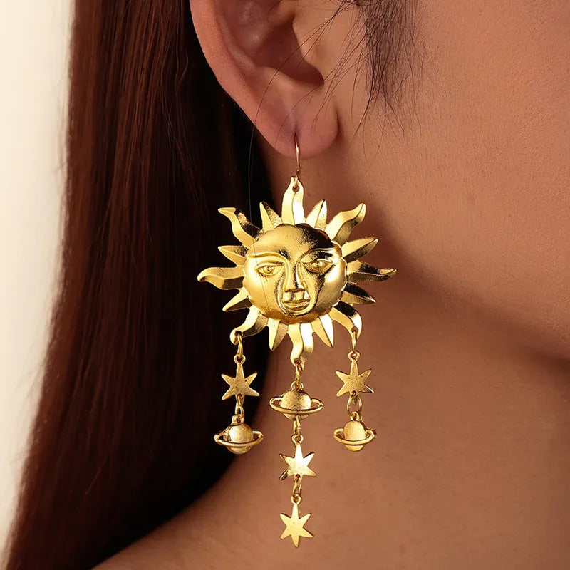 Trendy Sun Star Tassel Earrings: European & American Fashion - Unique Smiling Face Planet Jewelry for Women