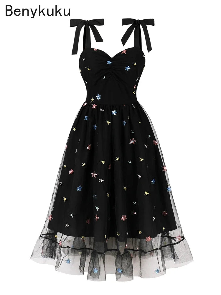 Sweet Star Print Vintage Midi Pleated Dress Knot Strap Sweetheart Neck Long Mesh Dress Women Hepburn Rockabilly Prom Party Gown