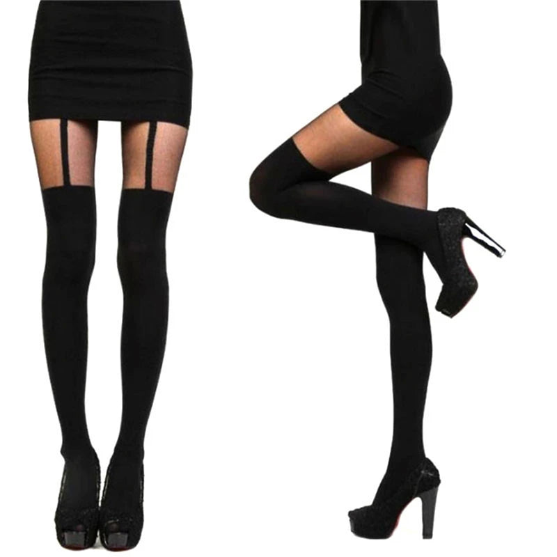 Hot Selling Sexy Women's Black Fake Garter Belt Suspender Tights - Over The Knee Hosiery Stockings