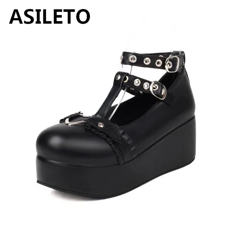 ASILETO 2024 New Lolita Punk Rivets Women Pumps Shoes Wedges High Platform T Strap Buckles Big Size 41 43 48 50 White Black