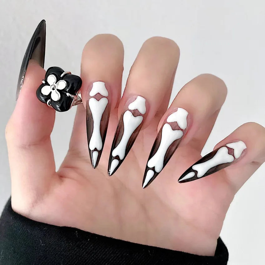 Halloween Black Gradient Skull Pattern Stiletto Press-On Nails - Long Pointed Fake Nail Tips