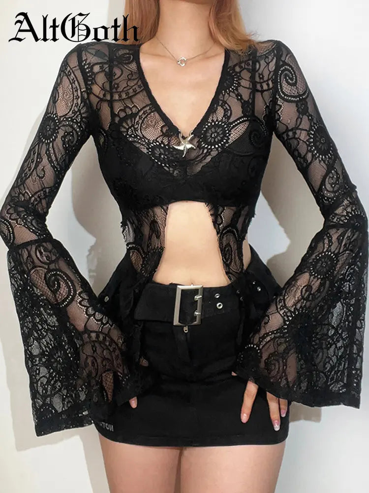 AltGoth Mall Goth Lace T-Shirt - Women's Aesthetic Sexy See-Through V-Neck Flare Sleeve Crop Tee Top, Emo Alternative Indie Clothes