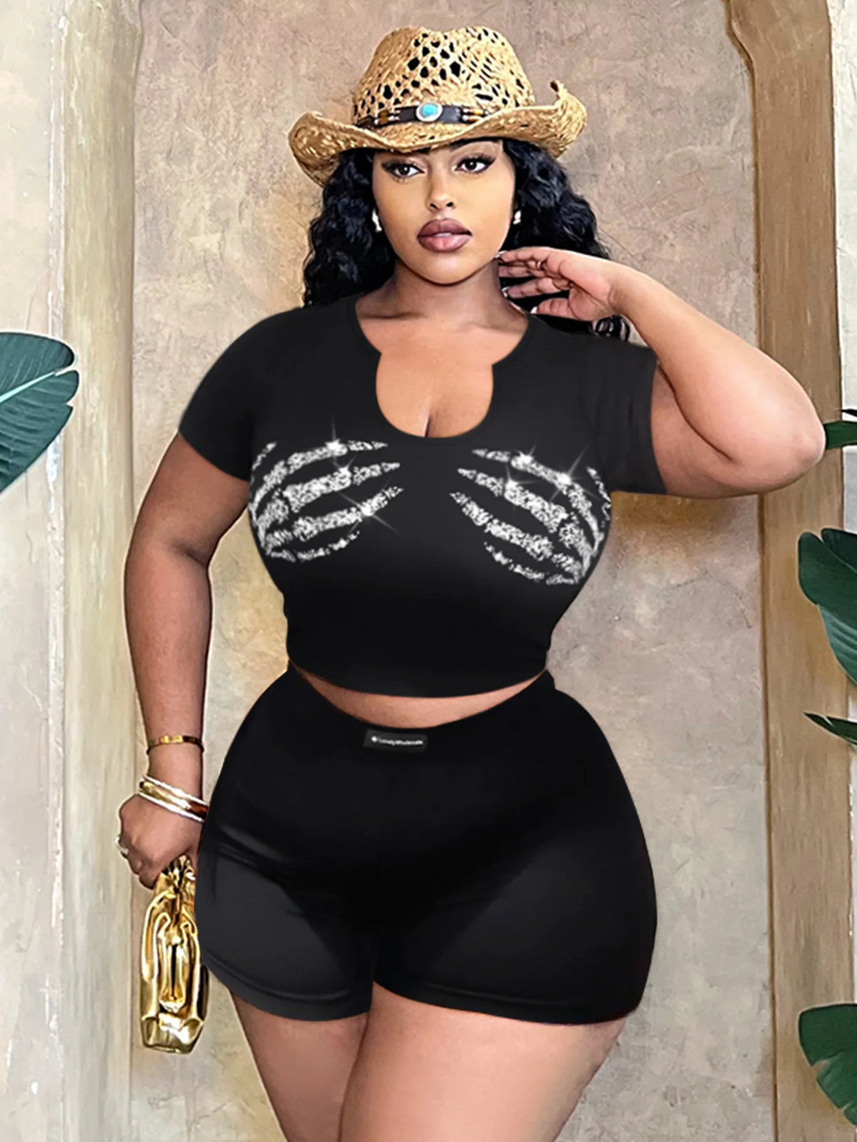 LW BASICS Plus Size Shorts Set – Casual Two-Piece Set with Short Sleeve Skeleton Print Crop Top + Skinny Shorts for Women