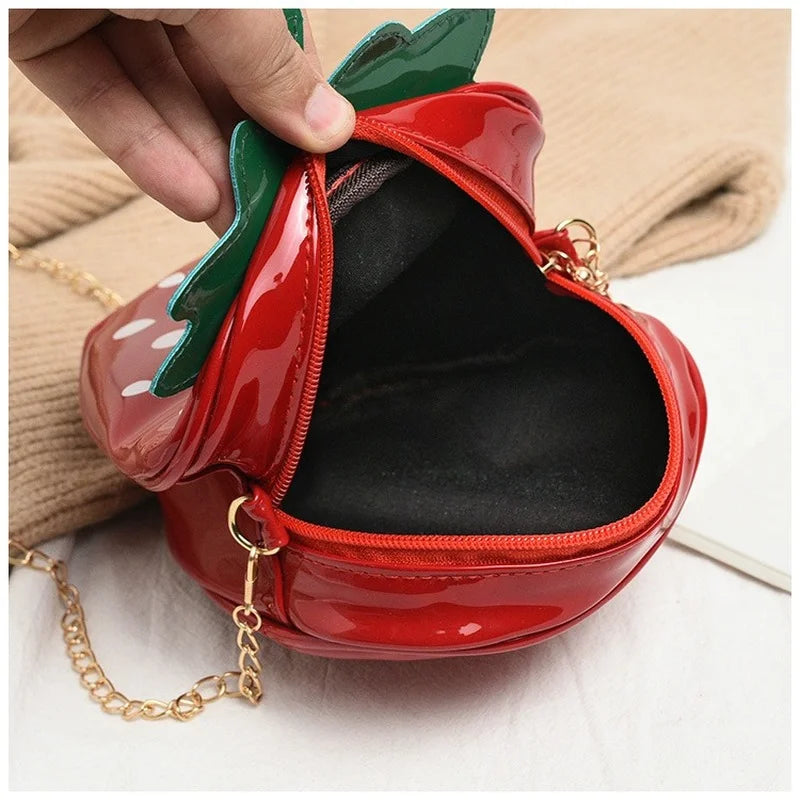 Strawberry Shaped Fun Novelty 3D Zip Closure Crossbody Bag With Chain Strap