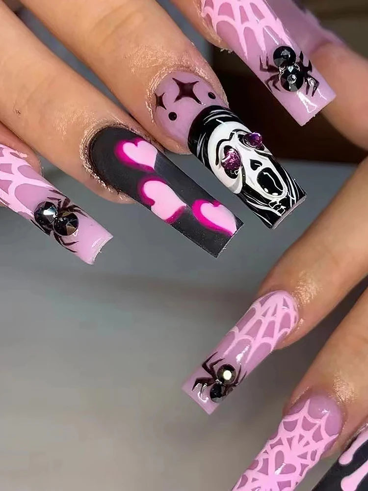 Upgrade Your Style for Halloween with This 24 Piece Long Coffin Shaped Punk Style Ghost Heart Spider Web Nail Art Set