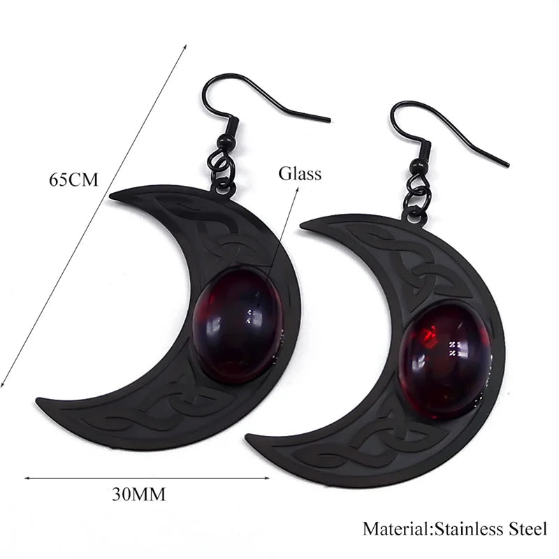 Gothic Dark Celtic Moon Drop Earrings – Stainless Steel with Red Stone, Crescent Wicca Witch Knot Dangle Earrings, Goth Jewelry