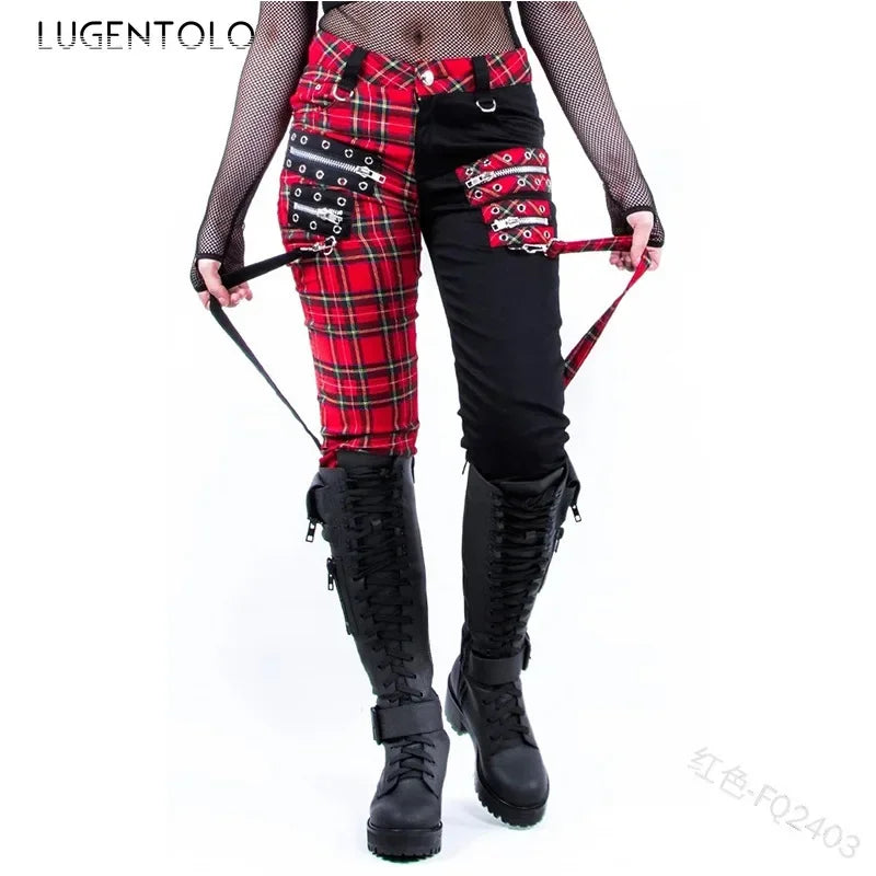 Plaid Color Block Patchwork Punk Rocker Staps And Zipper Pocket Detail Slim Fit Skinny Pants