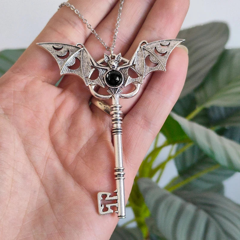 Moon Phase Bat Key Pendant Necklace - Wicca Goth Jewelry for Women