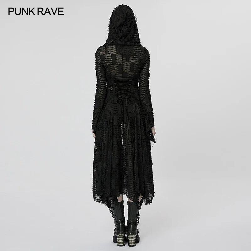 PUNK RAVE Women's Lace Mesh Dark Wizard Coat - Gothic Irregular Long Jacket for Halloween