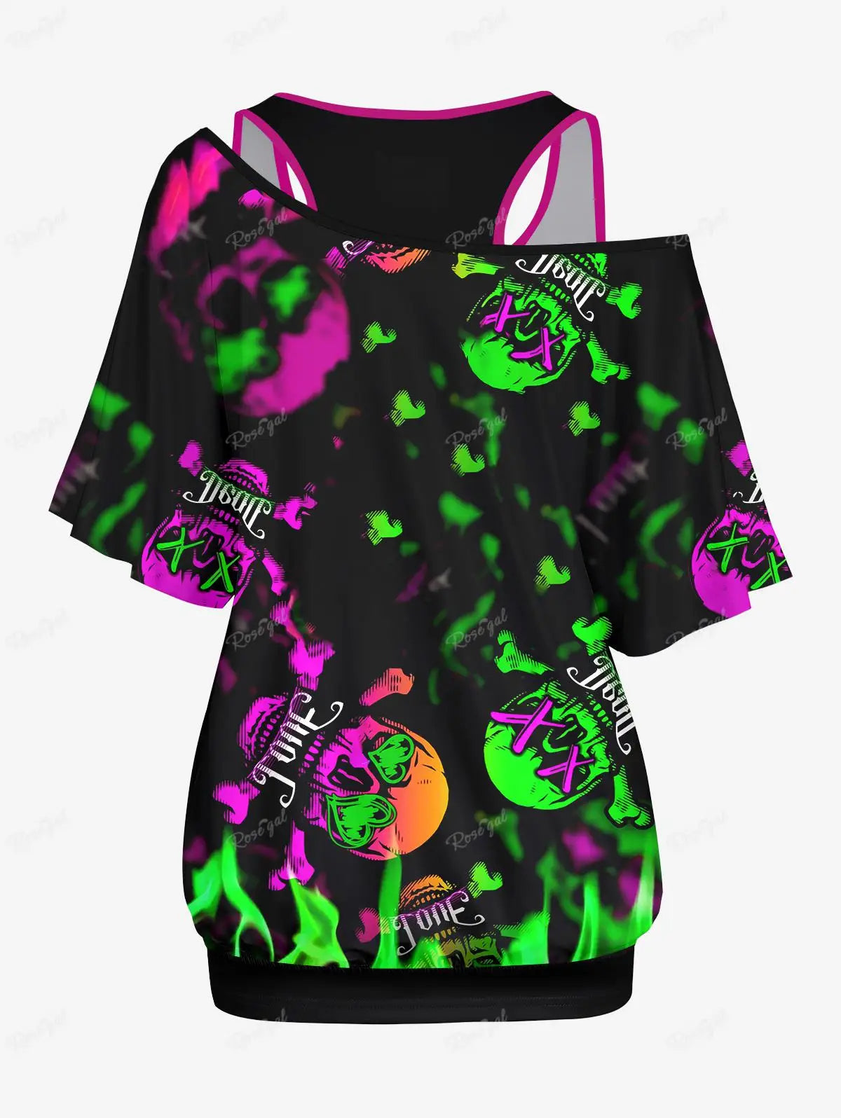 Plus Size T-shirt Set 2024 New XS-6X - Y2K Solid Racerback Tank Top and Skew Neck Batwing Sleeves with Ombre Skulls Fire Print