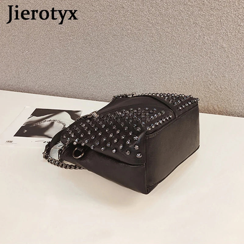 JIEROTYX Studded Shoulder Bag for Women Leather Punk Style Rock Rivet Crossbody Bag Handbag with Chain Wallet Purse for Girls