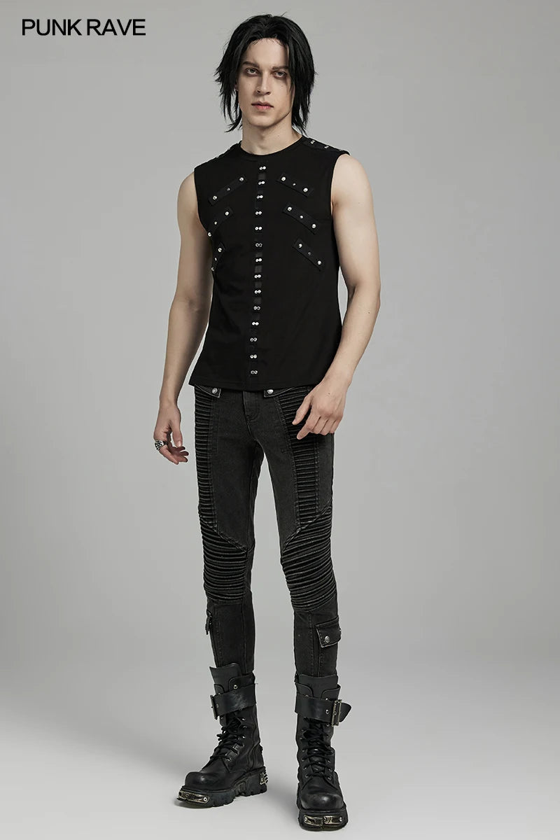 PUNK RAVE Men's Punk Daily Front Mesh Bottom Decorated Tank Personality Handsome Cool Black Streetwear Sleeveless Top Men Summer