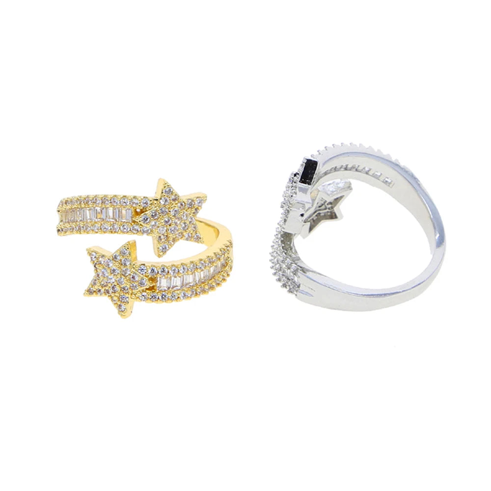 New Iced Out Star Ring | Silver Color Bling 5A CZ Zircon Adjustable Open Star Charm | Women’s Hip Hop Luxury Jewelry