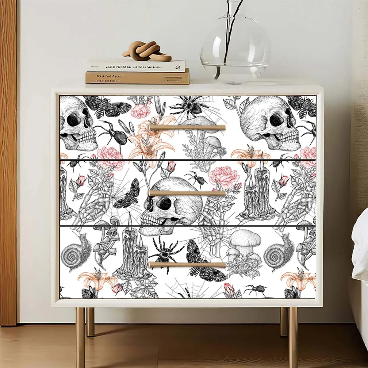 1PC 45x300cm PVC Self-Adhesive Wallpaper - Dark Castle Elements with Skulls, Spiders, Candlesticks, Mushrooms