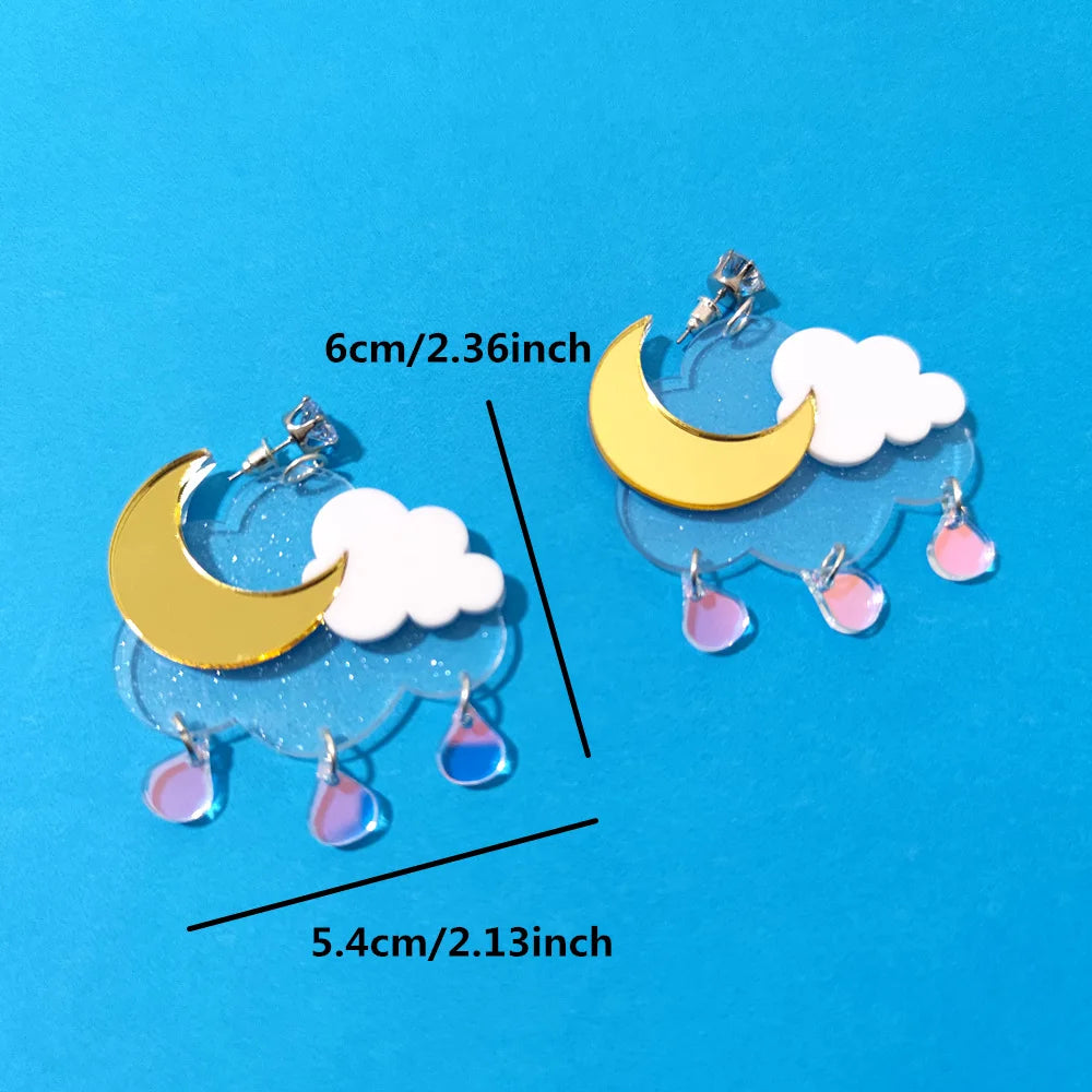 KUGUYS Moon Clouds Rain Dangle Earrings - Acrylic Fashion Jewelry Cute Accessories for Women and Girls