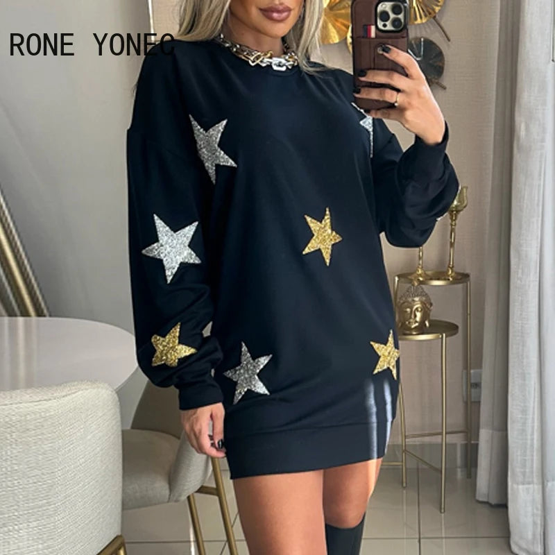 Women’s Round Neck Star Pattern Long Sleeve Loose Fit Mini Sweatshirt Dress