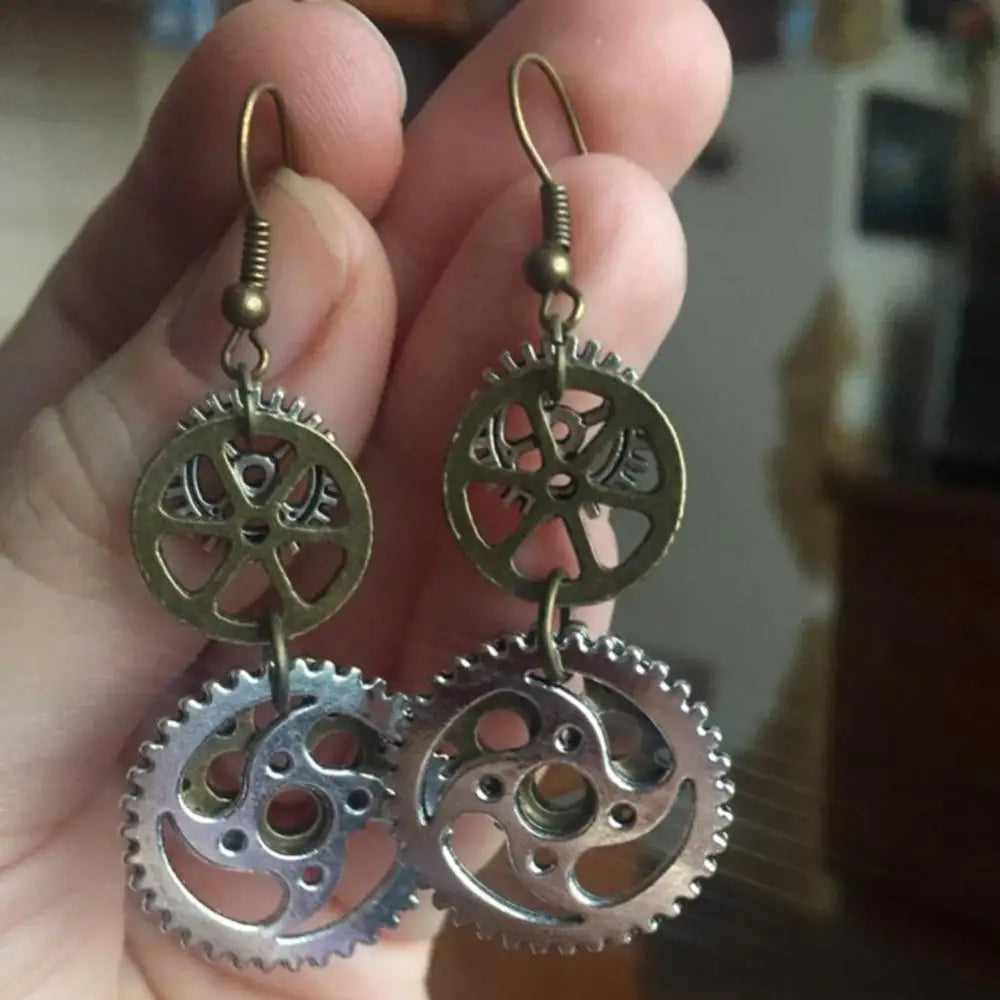 Steampunk Metal Double Gear Drop Hook Earrings - Unique Women's Party Jewelry Gift with Industrial Style