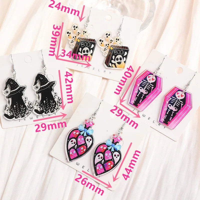 1 Pair Halloween Drop Earrings – Creative Acrylic Witch, Cat, Coffin, Ghost, Bottle Jewelry for Women and Girls, Holiday Birthday Gift