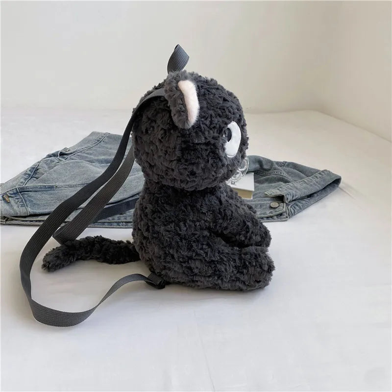 Kawaii Plush Cute Mini Gray Cat Shaped Women's Fluffy Backpack - Cartoon Aesthetic Stuffed Animal Zipper Toy, Small Female Gift