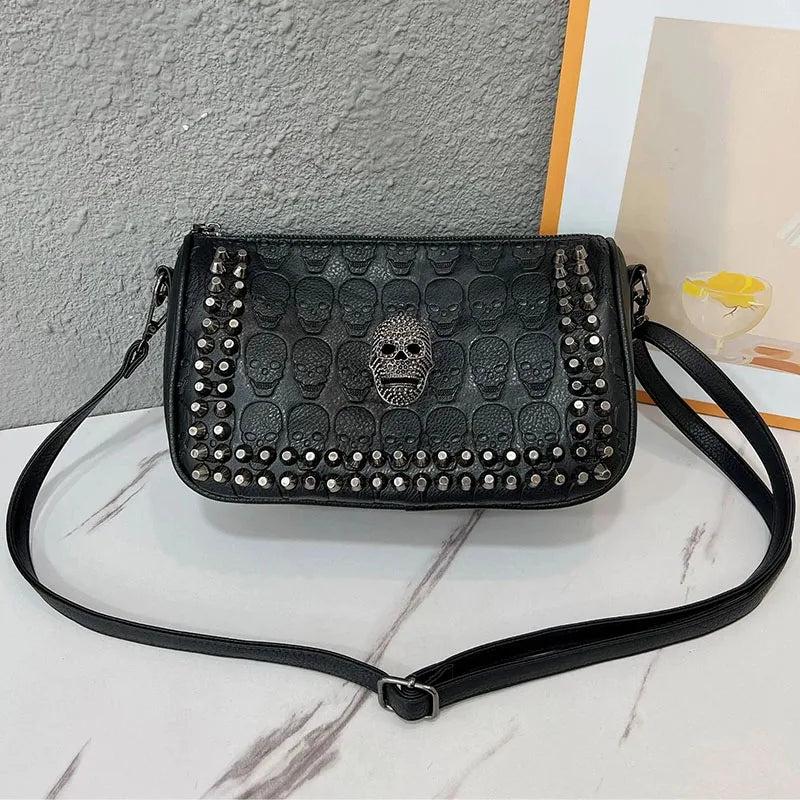 Women's Trendy Punk Skull Bag - Retro Rivet Handbag with Adjustable Strap and Skull Stamping Print Pattern