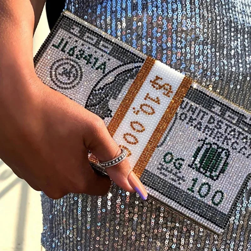 2024 Women's Rhinestone Money Clutch - $10,000 Stack Cash Evening Shoulder Bag for Weddings and Dinners